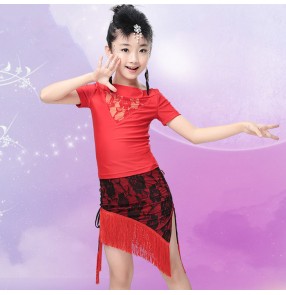 Short sleeves top lace fringes side split skirts girls kids children school play gymnastics split set latin ballroom salsa samba rumba dance  dresses outfits costumes sets